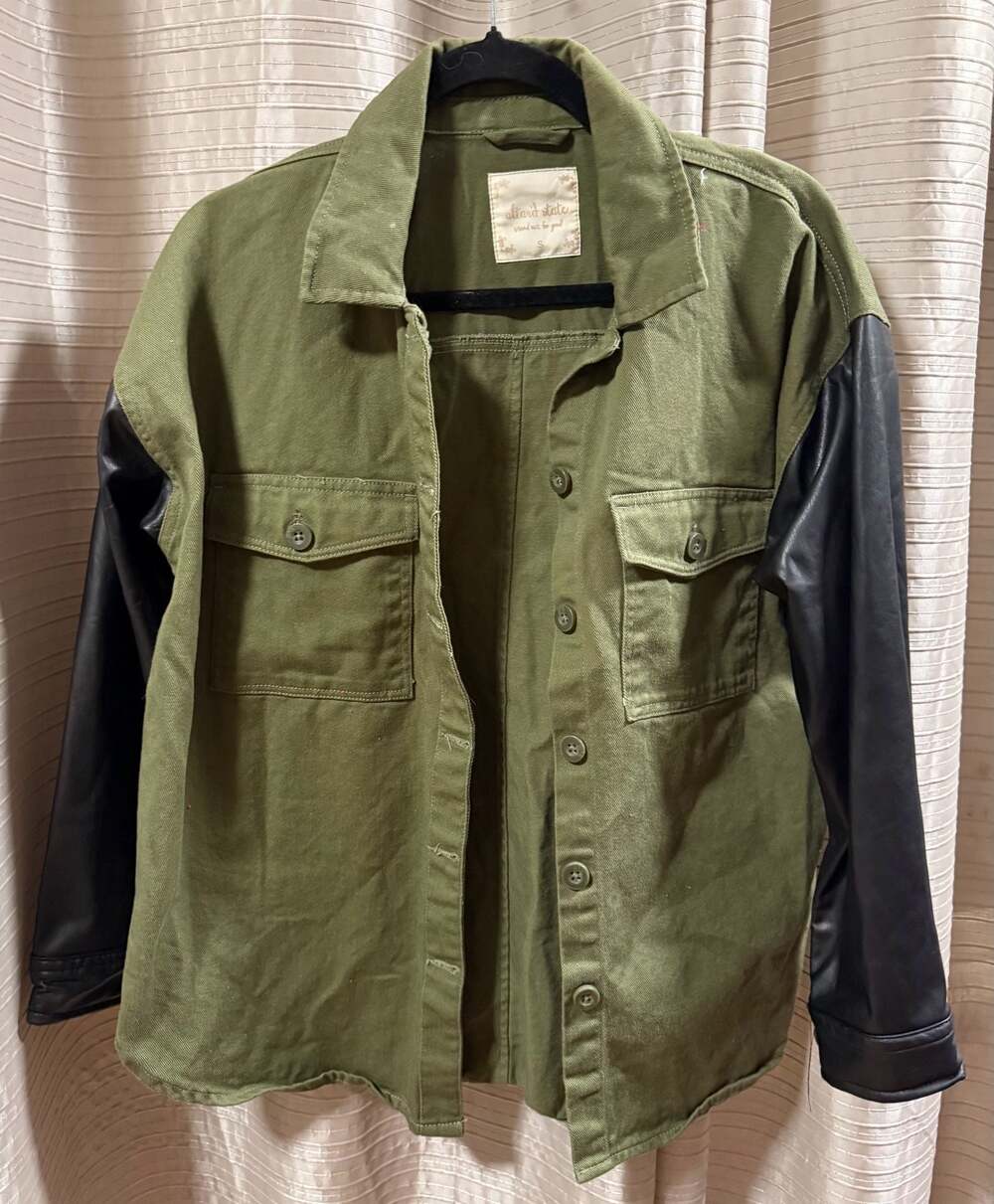 Altar'd State Olive Green Utility Jacket with Faux Leather Sleeves